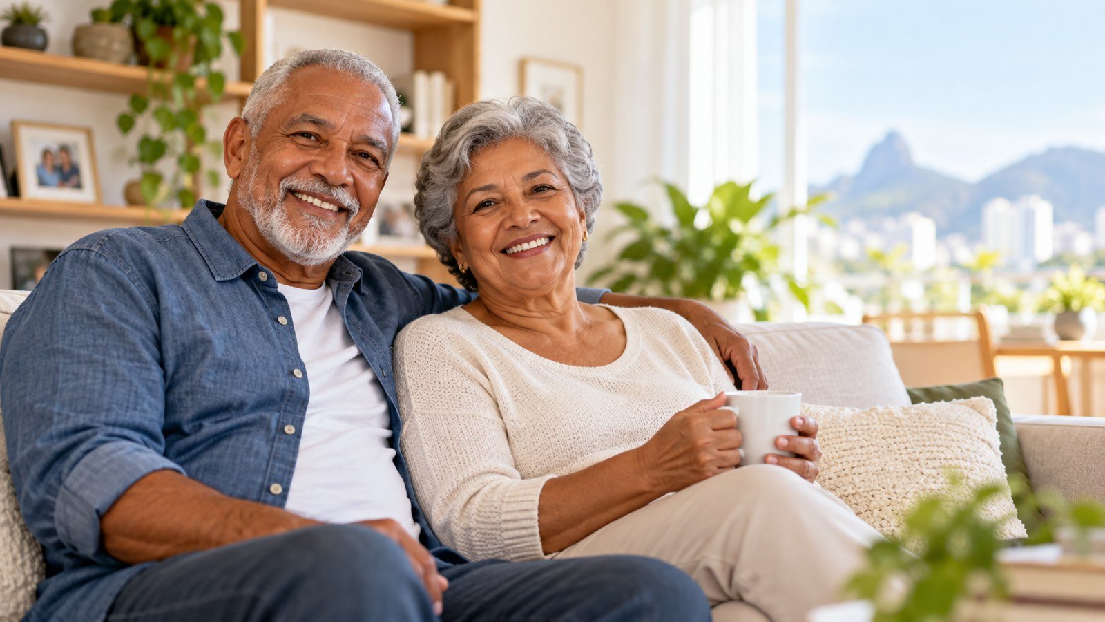 Casal de idosos sorrindo em casa